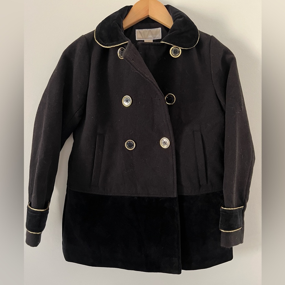 MICHAEL KORS girls dress coat with black velvet trim and gold piping
